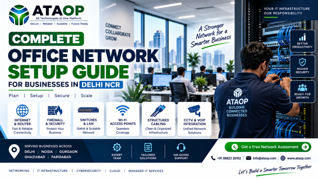 Complete Office Network Setup Guide for Businesses in Delhi NCR A reliable office network is essential for smooth business operations. From internet connectivity and Wi-Fi to servers, printers, cloud applications, and security systems, almost every business function depends on a stable network. For businesses in Delhi NCR, a professionally planned office network can improve performance, security, reliability, and scalability. What Is an Office Network Setup? An office network connects computers, laptops, servers, printers, Wi-Fi devices, CCTV systems, and other business devices so they can communicate securely and share resources. A professional setup may include: LAN cabling Network switches Routers Firewall Business Wi-Fi Servers VLAN configuration Network monitoring Backup connectivity Key Components of an Office Network 1. Structured Cabling Proper LAN cabling provides reliable connectivity between workstations and network equipment. Cable management, labeling, testing, and documentation should be part of the installation. 2. Network Switches Switches connect computers, servers, printers, access points, and other devices. Managed switches can provide better control through VLANs, monitoring, and access policies. 3. Router & Firewall The router manages internet connectivity, while the firewall helps protect the network from unauthorized access and cyber threats. 4. Business Wi-Fi A professional Wi-Fi setup should provide good coverage and capacity across meeting rooms, work areas, reception, and other important locations. Separate employee and guest Wi-Fi networks can also improve security. 5. VLAN & Access Control VLANs can separate different types of network traffic. For example: Employee Network Guest Network Server Network CCTV Network VoIP Network This helps improve network organization and security. Office Network Security Checklist A secure office network should include: ✅ Firewall protection ✅ Strong Wi-Fi passwords ✅ Separate guest network ✅ Updated network devices ✅ Secure administrator accounts ✅ VLAN segmentation ✅ Regular backups ✅ Endpoint protection ✅ Network monitoring Common Office Network Problems Poorly designed networks often result in: Slow internet Wi-Fi dead zones Frequent disconnections IP conflicts Poor network security Difficult troubleshooting Unplanned downtime These problems can affect employee productivity and business operations. Network Setup for Different Office Sizes Small Offices: Basic LAN, Wi-Fi, firewall, router, and managed switch may be sufficient. Medium Businesses: VLANs, multiple access points, centralized management, backup internet, and stronger security are recommended. Large Offices: Advanced switching, firewall policies, server infrastructure, redundant connectivity, monitoring, and scalable network architecture may be required. Why Professional Network Installation Matters A professional network installation starts with understanding the office layout, number of users, applications, bandwidth requirements, security needs, and future expansion plans. The network should be designed not only for today's requirements but also for future business growth. Office Network Setup in Delhi NCR Businesses in Delhi, Noida, Gurgaon, Ghaziabad, and Faridabad can benefit from professional network planning, installation, configuration, testing, and ongoing support. Whether you are opening a new office, shifting locations, or upgrading an existing network, proper planning can prevent many connectivity and security issues. Why Choose ATAOP? ATAOP provides complete IT infrastructure and office networking solutions for businesses, including network installation, structured cabling, Wi-Fi, switches, routers, firewall configuration, server connectivity, and ongoing IT support. Our approach focuses on building a network that is reliable, secure, manageable, and ready for future growth. Conclusion A good office network is more than just connecting computers to the internet. It should provide reliable connectivity, strong security, easy management, and room for future expansion. If your business is planning a new office network or facing recurring connectivity problems, a professional network assessment can help identify the right solution. Need Office Network Setup in Delhi NCR? 📞 +91 88823 26102 📧 info@ataop.com 🌐 ataop.com Build a reliable network. Keep your business connected.